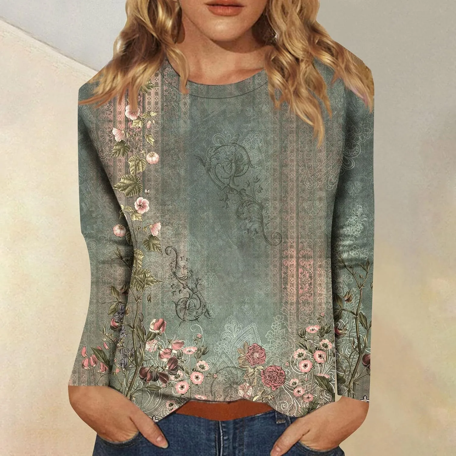 Womens Long Sleeve Tops Fall Sweatshirt Plus Size Tunic Crewneck Tops Winter Clothes