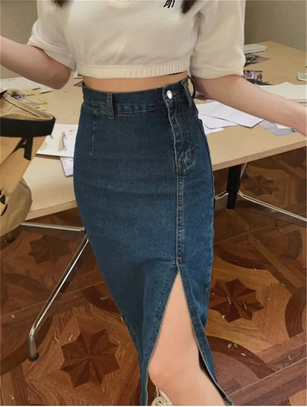 Women's Midi Spring Side Split High Wasit Jeans Skirts Straight A-Line Pencil Skirt