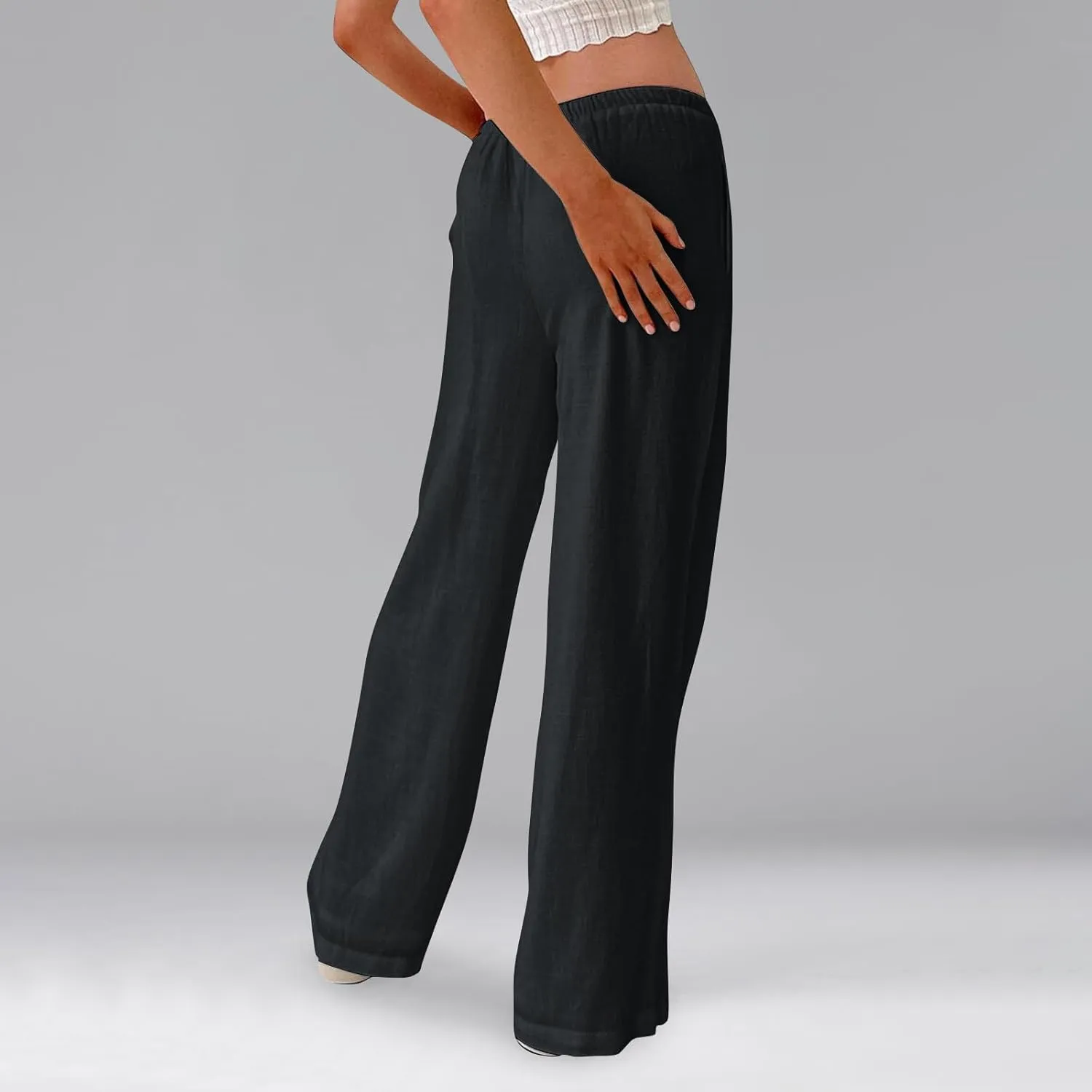 Womens Pants Wide Leg Linen Pants Drawstring High Waist Summer Beach Pant Lightweight Trouser with Pockets (S-2Xl)