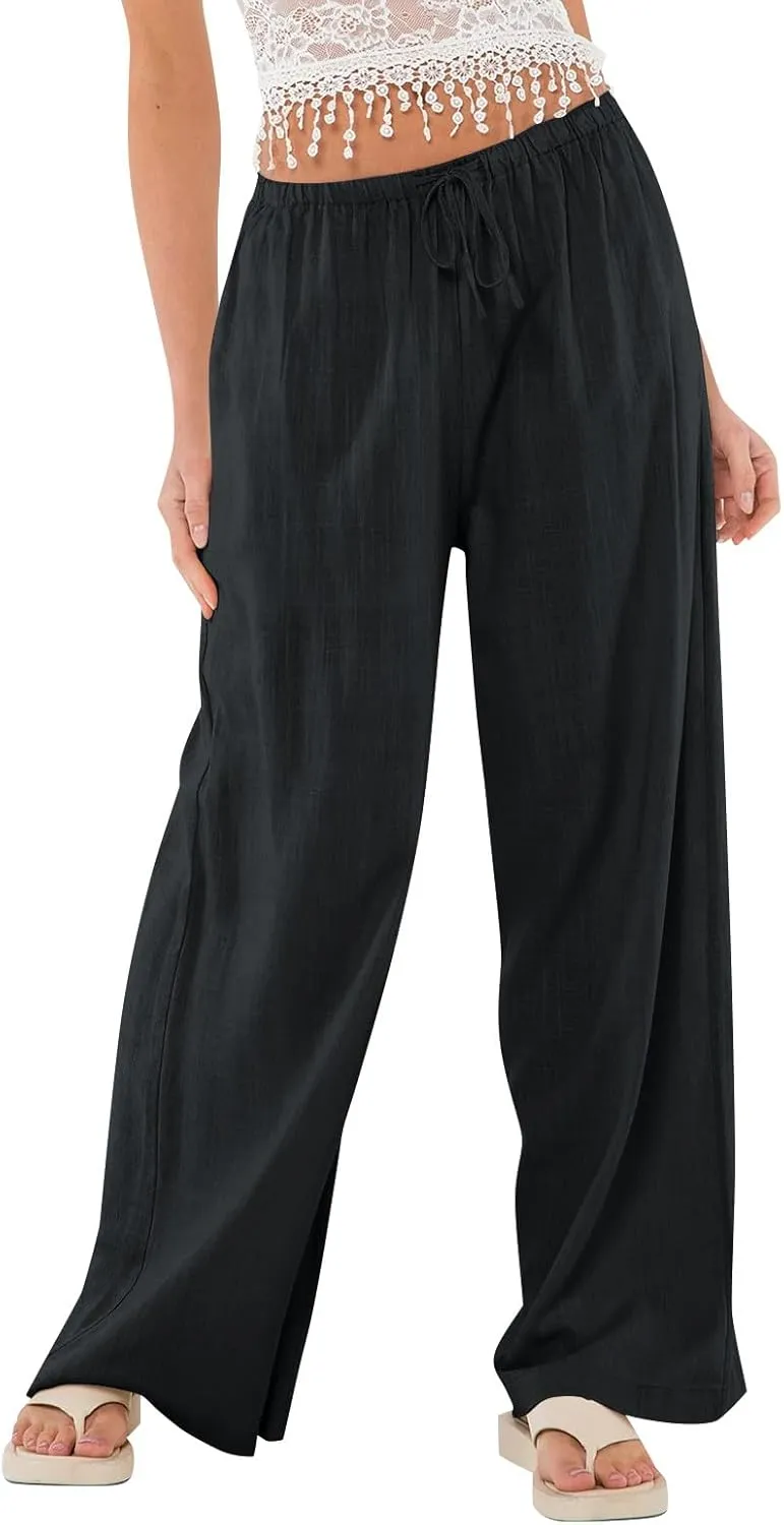 Womens Pants Wide Leg Linen Pants Drawstring High Waist Summer Beach Pant Lightweight Trouser with Pockets (S-2Xl)