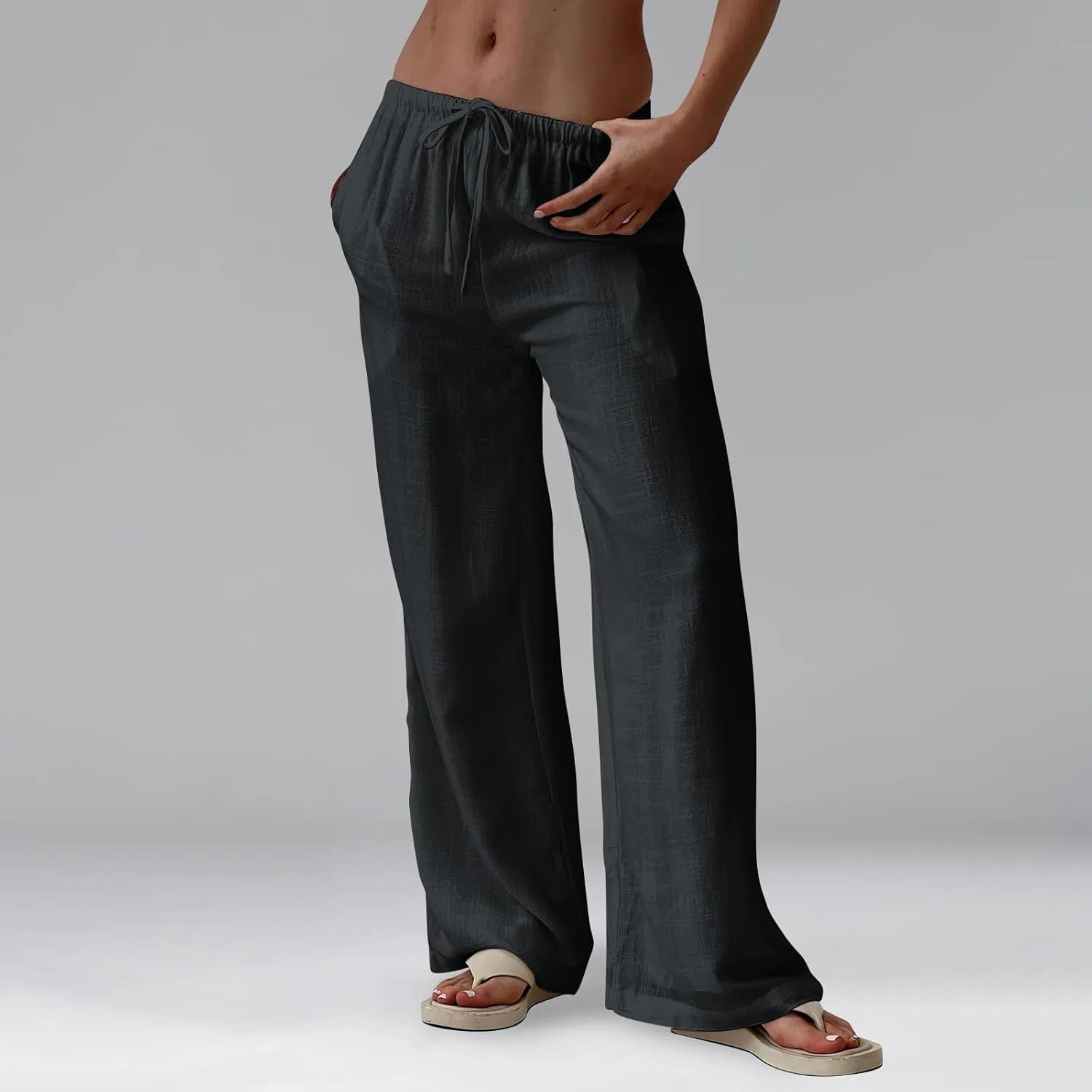 Womens Pants Wide Leg Linen Pants Drawstring High Waist Summer Beach Pant Lightweight Trouser with Pockets (S-2Xl)