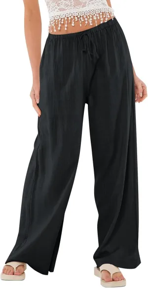 Womens Pants Wide Leg Linen Pants Drawstring High Waist Summer Beach Pant Lightweight Trouser with Pockets (S-2Xl)