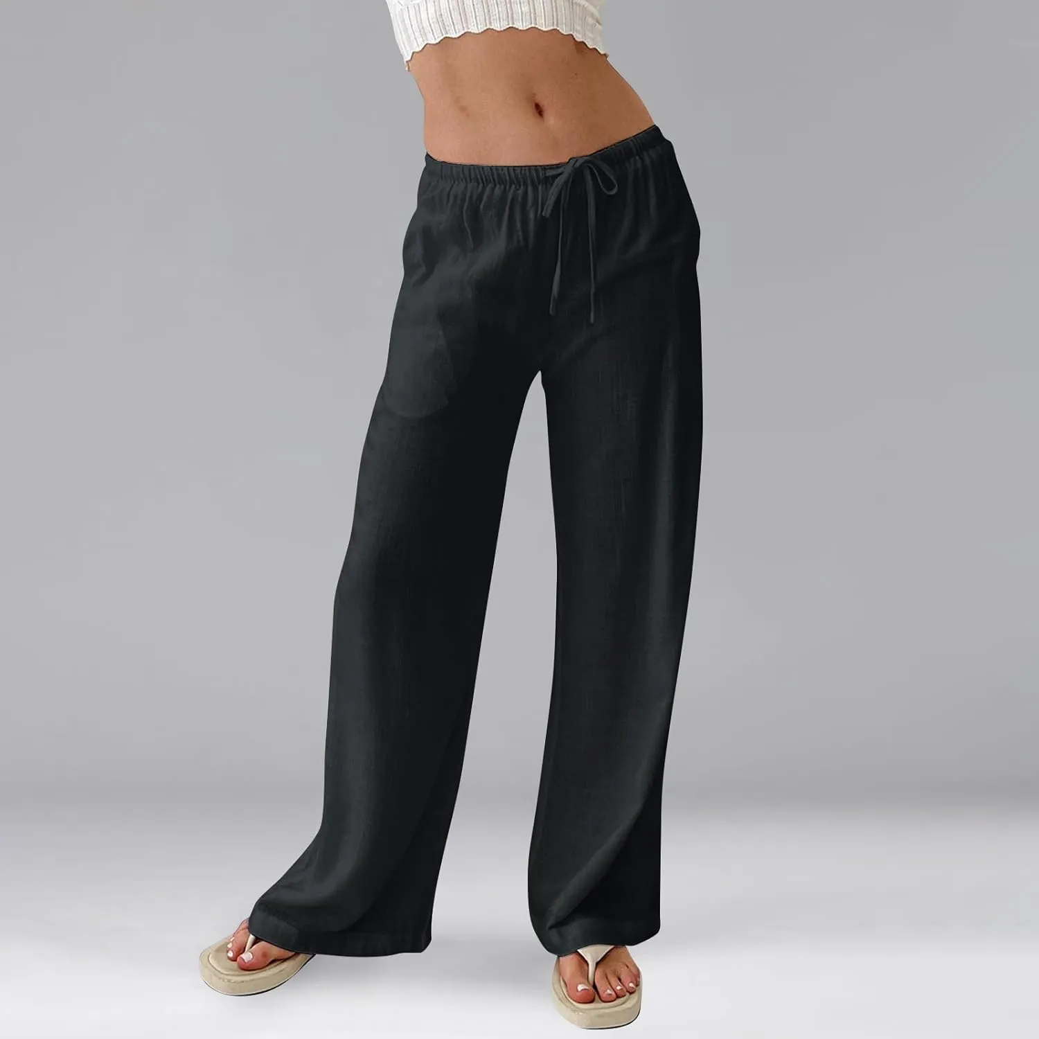 Womens Pants Wide Leg Linen Pants Drawstring High Waist Summer Beach Pant Lightweight Trouser with Pockets (S-2Xl)