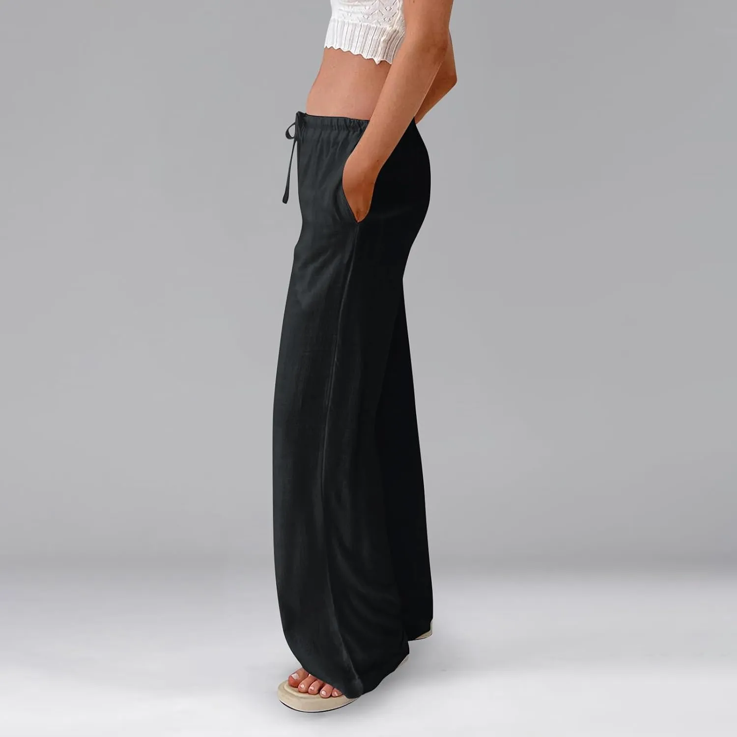Womens Pants Wide Leg Linen Pants Drawstring High Waist Summer Beach Pant Lightweight Trouser with Pockets (S-2Xl)