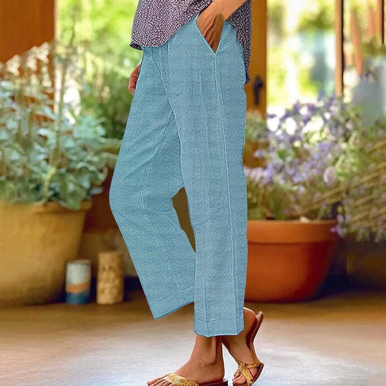 Women's Wide Leg Pants with Pockets Casual Loose Pants Wide Leg Loose Cotton Linen Palazzo Women's Beach