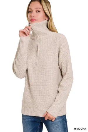 Zip It Up High Collar Heather Mocha Sweater